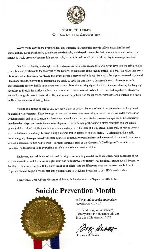 Governor Greg Abbott Suicide Prevention Month Proclamation